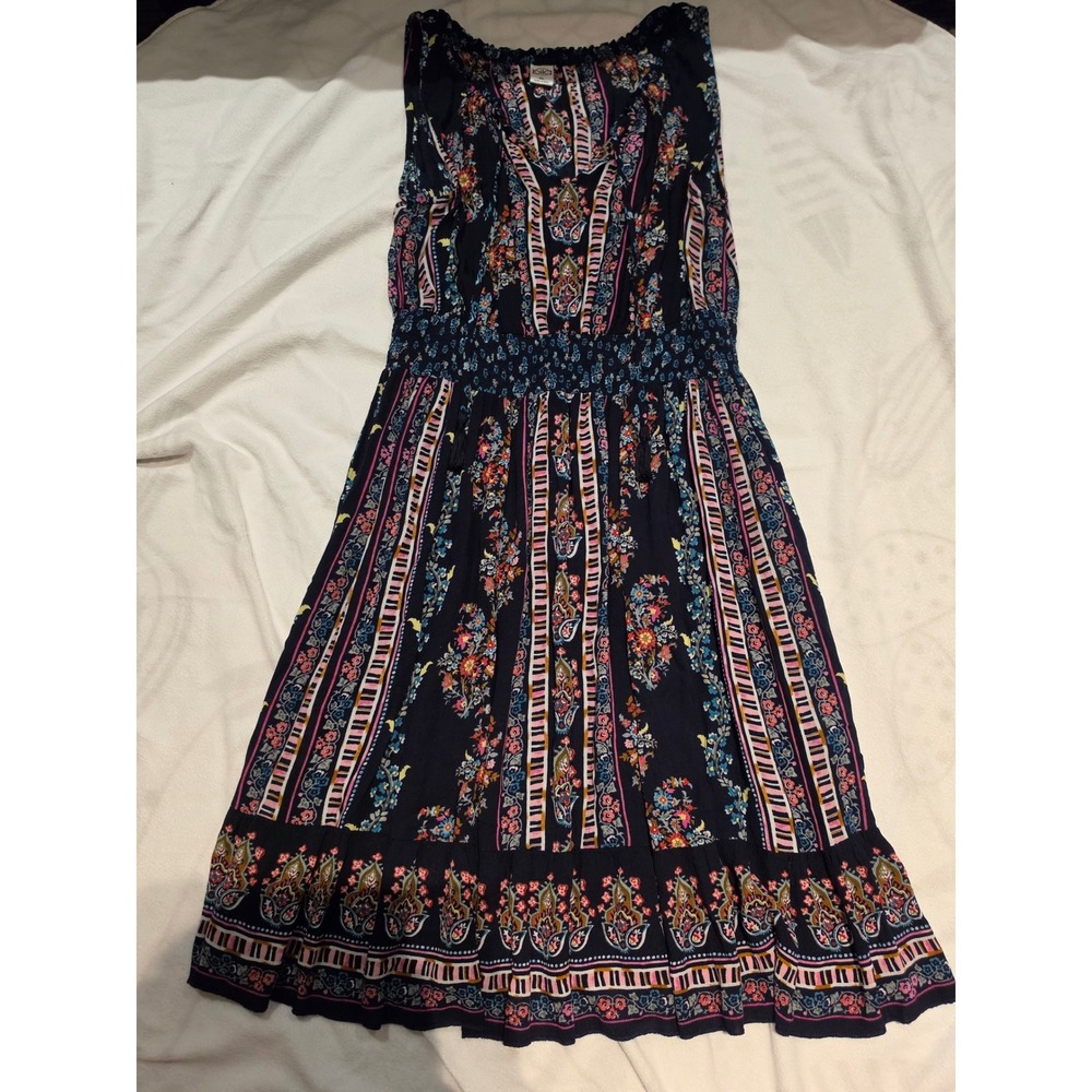 Bila Women XL Navy Blue Boho Paisley Floral Smocked Waist Tiered Midi Dress